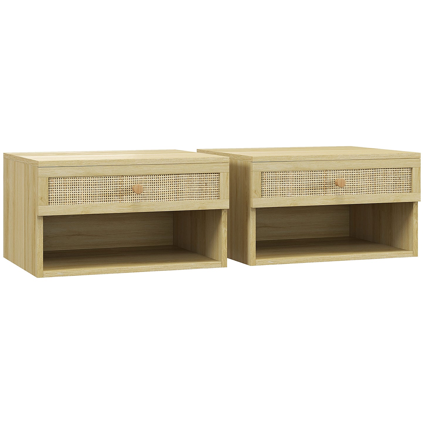 Tovelu Set Of 2 Wood Effect Floating Bedside Tables With Rattan Panels