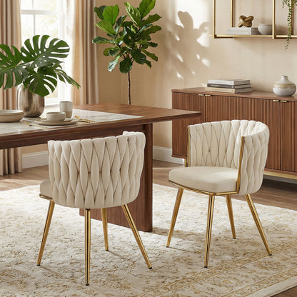 Sosura Set Of 2 Cream Velvet Upholstered Dining Chairs With Woven Back And Armrests