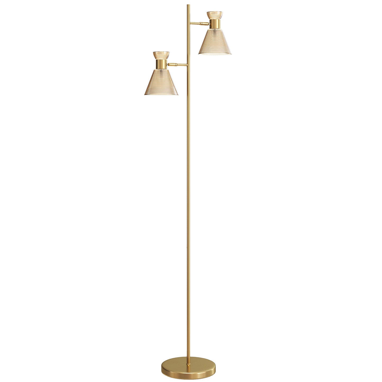 Luno Metal Gold Tone Dual Head Floor Lamp With Ribbed Glass Shades And Foot Switch