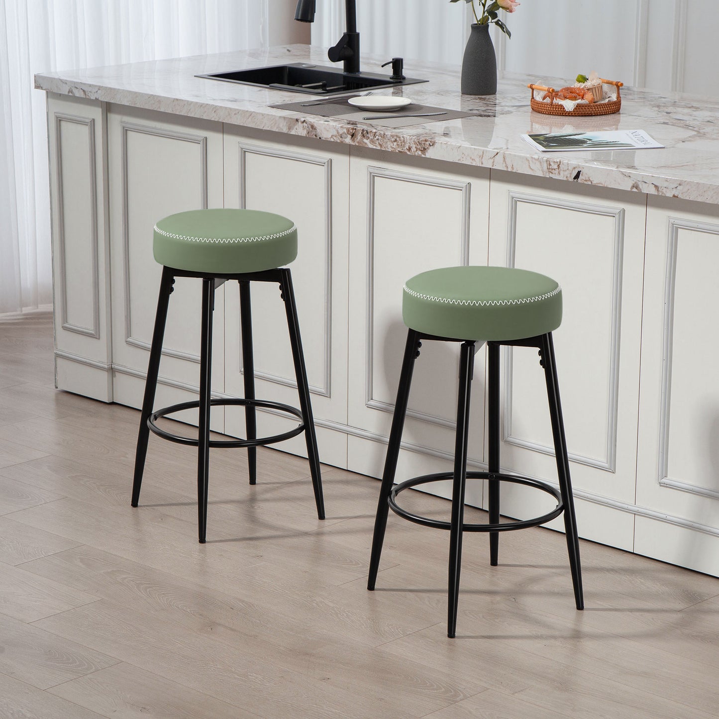 Rivali Faux Leather Green And Black Bar Stools Set Of 2 With Footrests