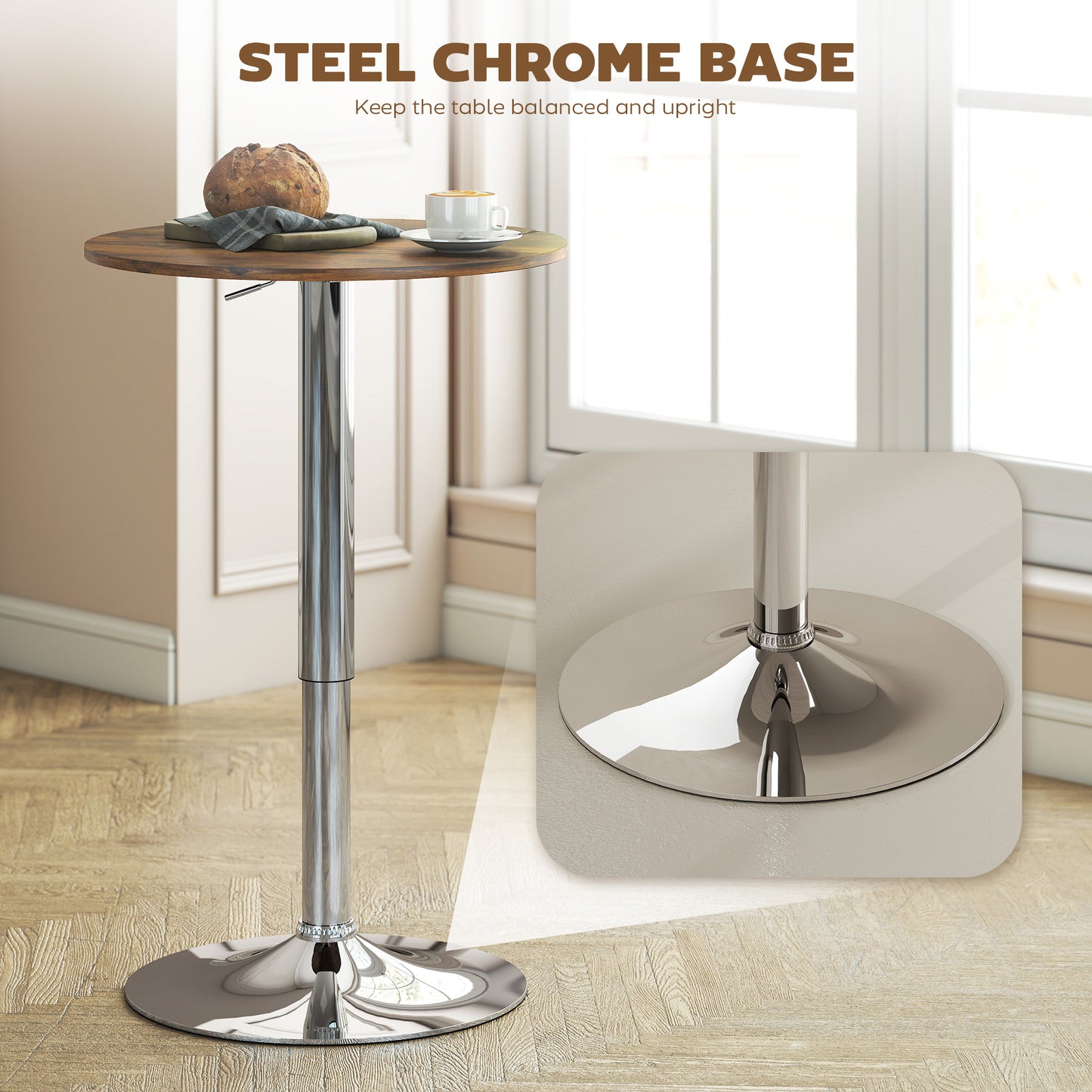 Redone Rustic Brown Adjustable Swivel Round Bar Table With Steel Base