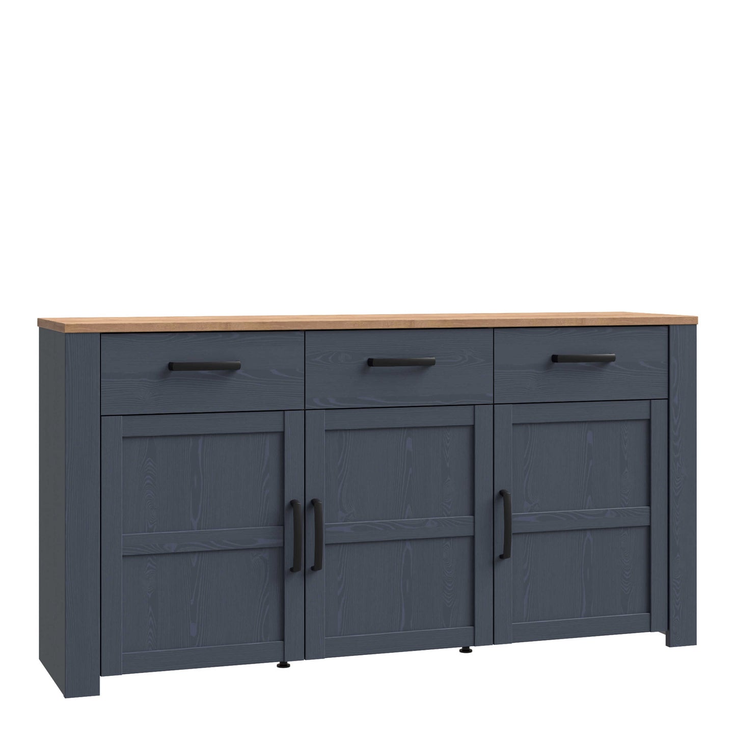 Bramblecroft Navy and Natural Oak Wood Wide Sideboard 3 Door 3 Drawer