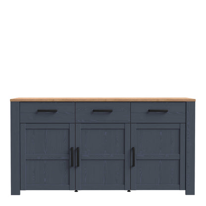 Bramblecroft Navy and Natural Oak Wood Wide Sideboard 3 Door 3 Drawer