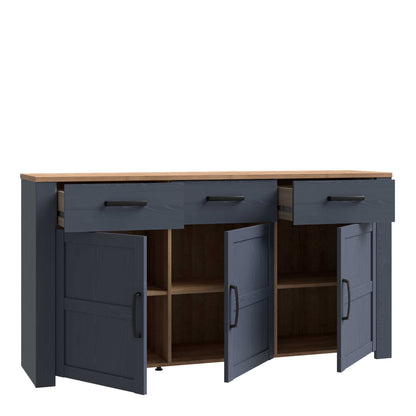 Bramblecroft Navy and Natural Oak Wood Wide Sideboard 3 Door 3 Drawer