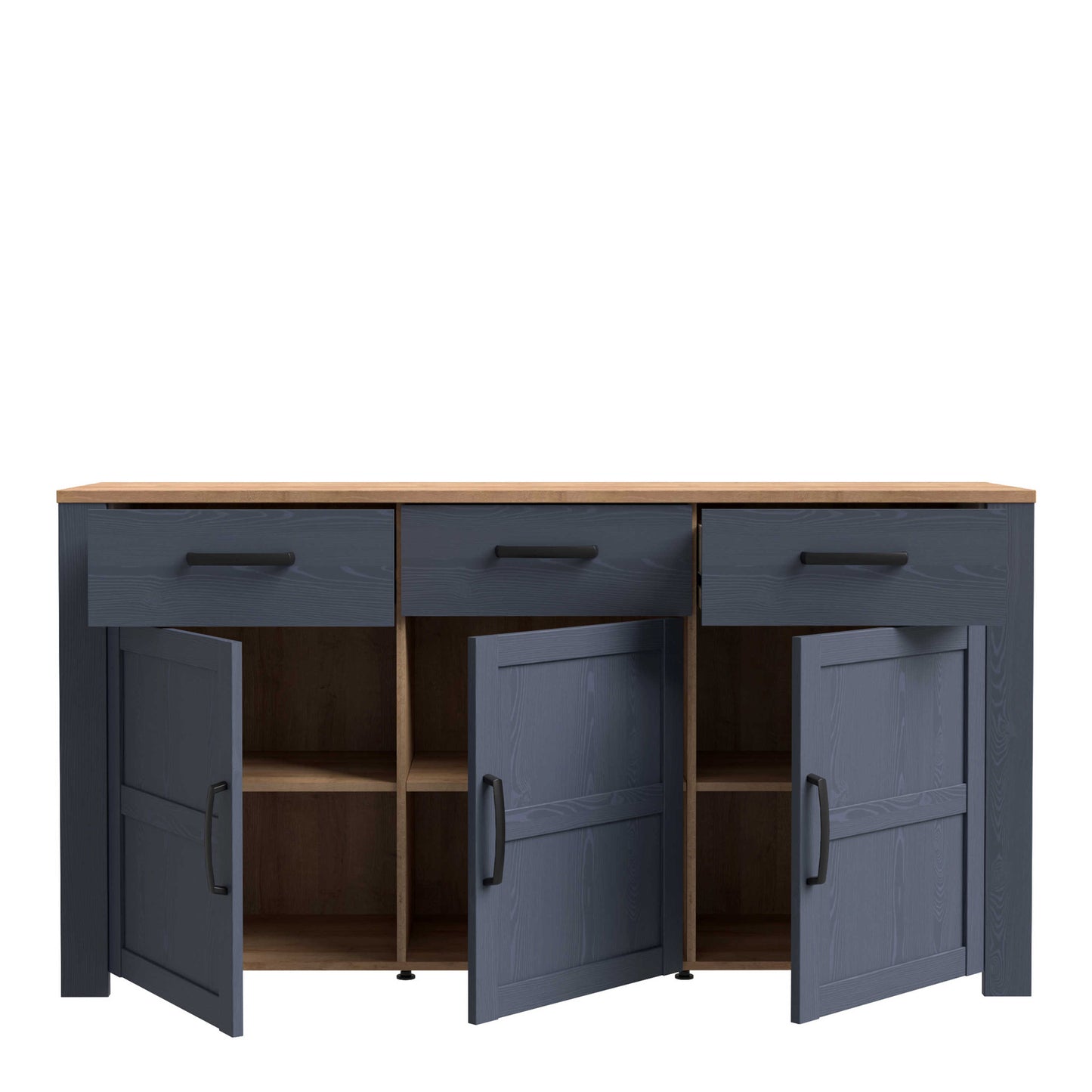 Bramblecroft Navy and Natural Oak Wood Wide Sideboard 3 Door 3 Drawer