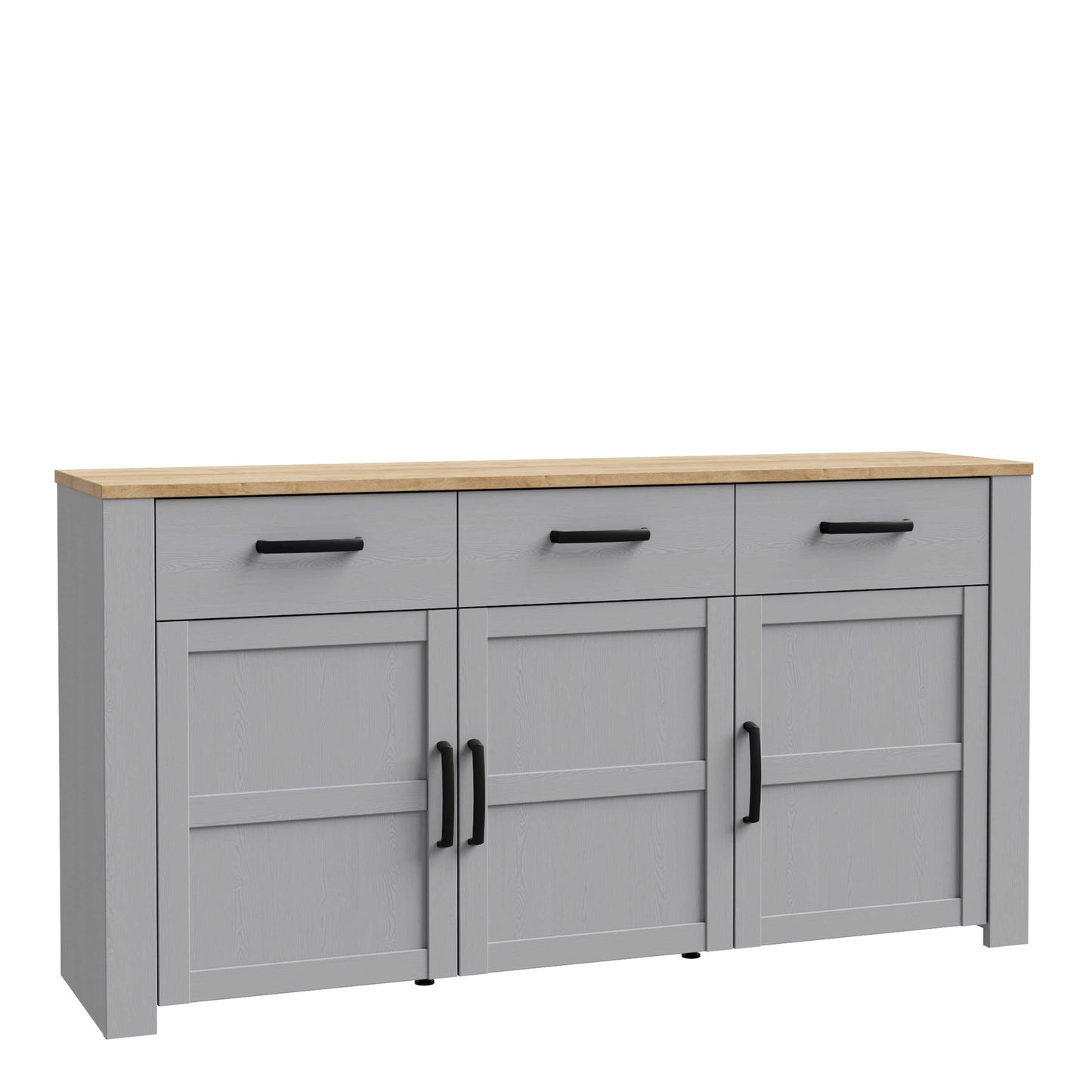 Bramblecroft Grey and Natural Oak Wood Wide Sideboard 3 Door 3 Drawer