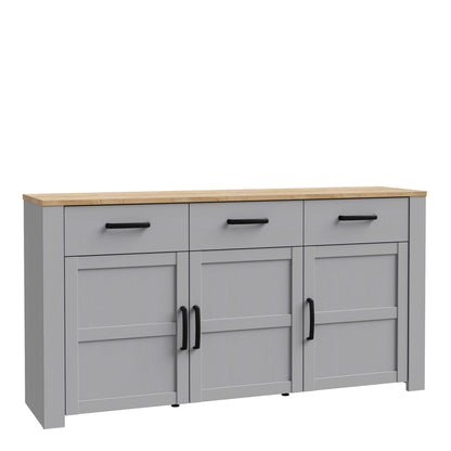 Bramblecroft Grey and Natural Oak Wood Wide Sideboard 3 Door 3 Drawer