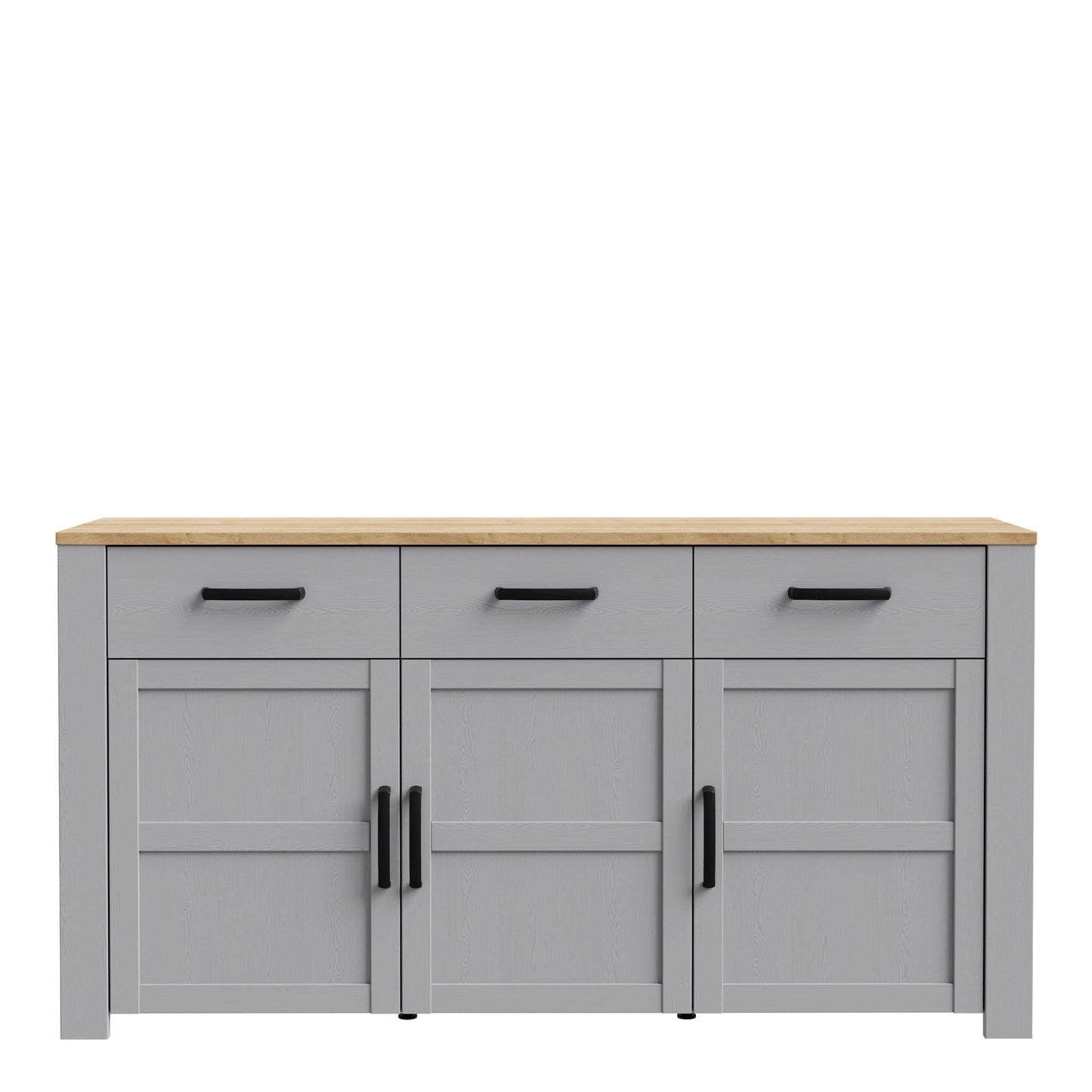 Bramblecroft Grey and Natural Oak Wood Wide Sideboard 3 Door 3 Drawer