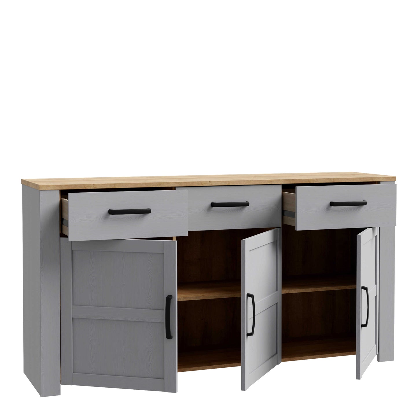 Bramblecroft Grey and Natural Oak Wood Wide Sideboard 3 Door 3 Drawer
