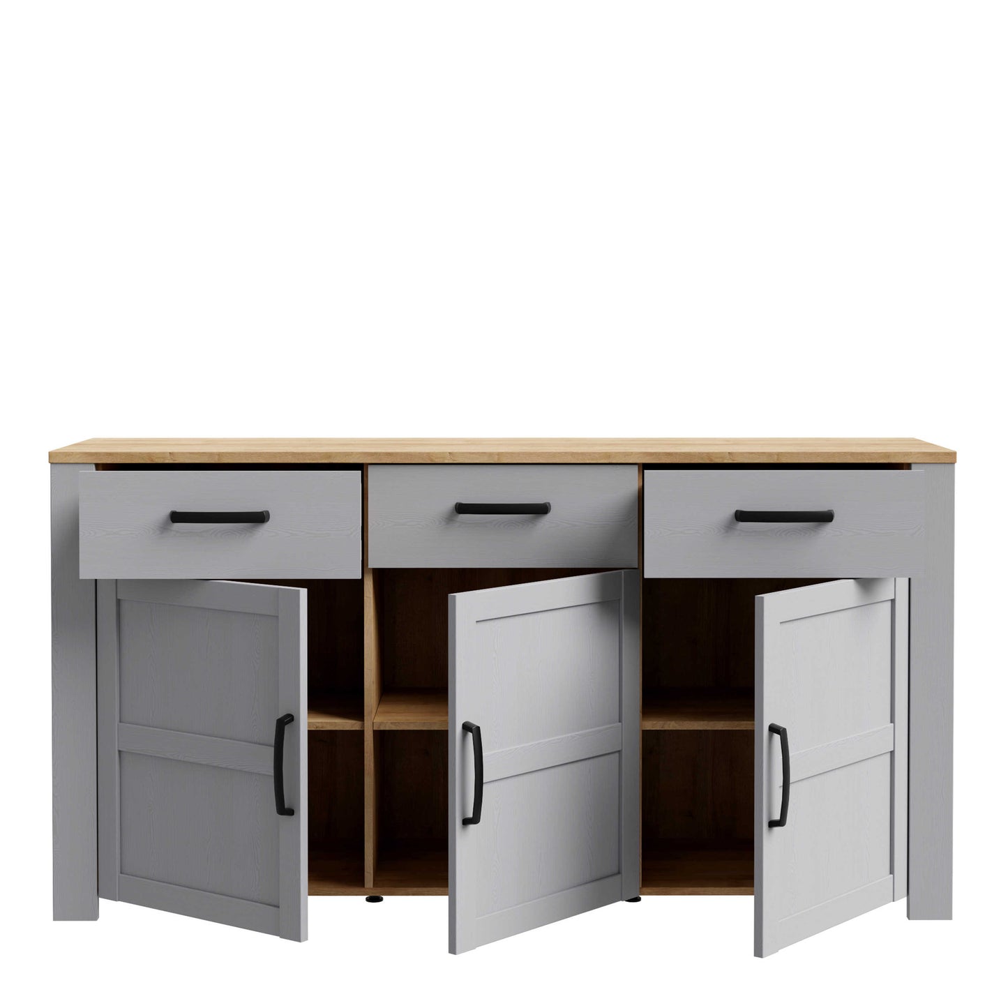 Bramblecroft Grey and Natural Oak Wood Wide Sideboard 3 Door 3 Drawer