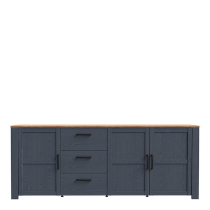 Bramblecroft Large Navy and Natural Oak Wood Sideboard 3 Door 3 Drawer