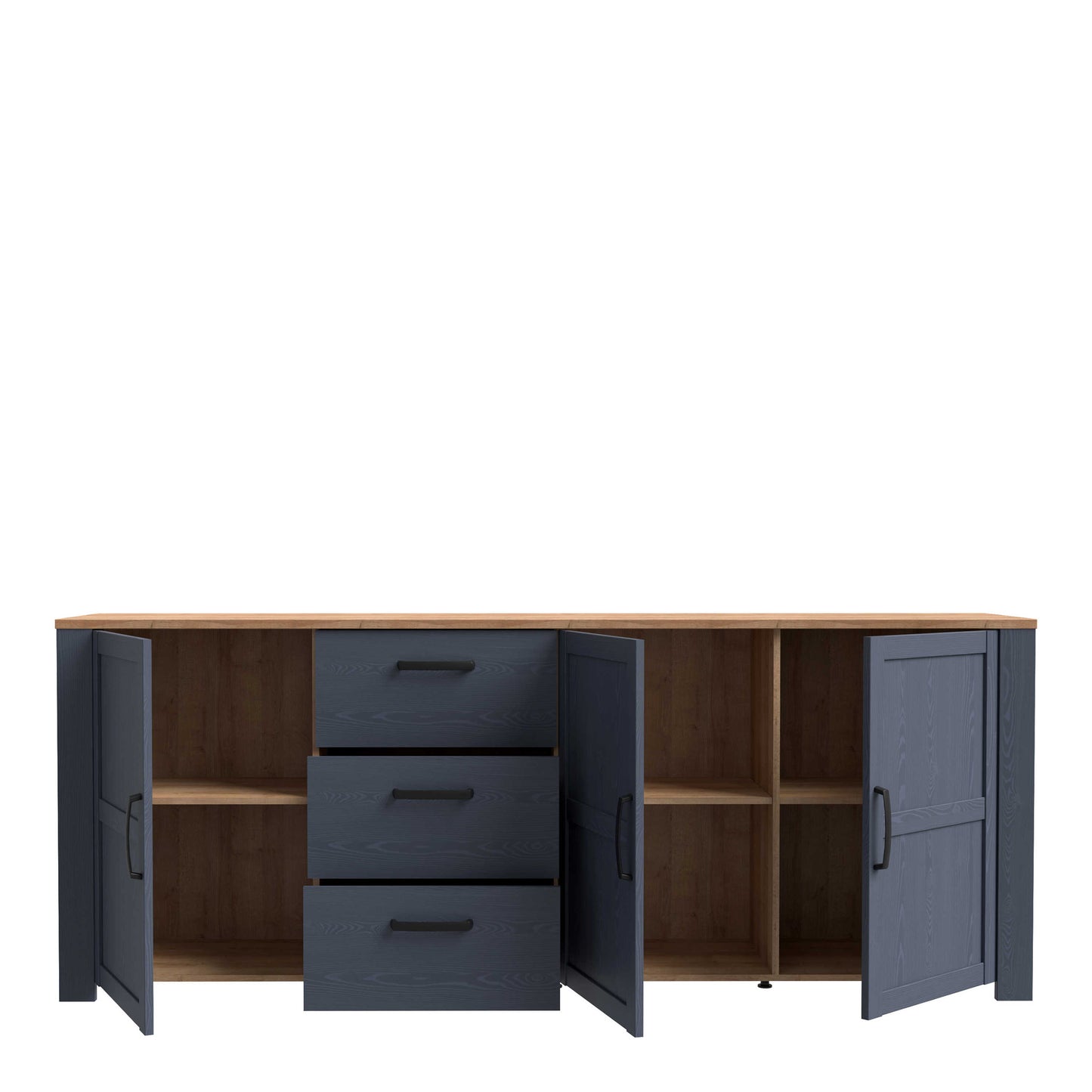 Bramblecroft Large Navy and Natural Oak Wood Sideboard 3 Door 3 Drawer