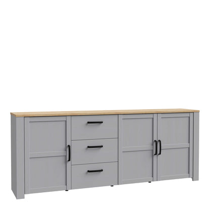 Bramblecroft Large Grey and Natural Oak Wood Sideboard 3 Door 3 Drawer