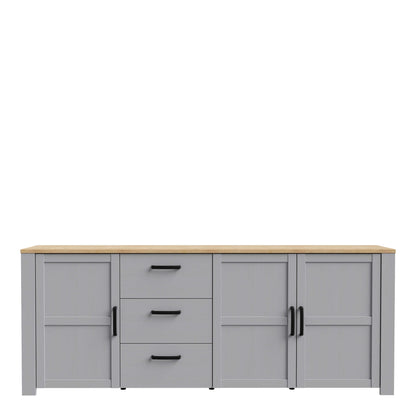 Bramblecroft Large Grey and Natural Oak Wood Sideboard 3 Door 3 Drawer