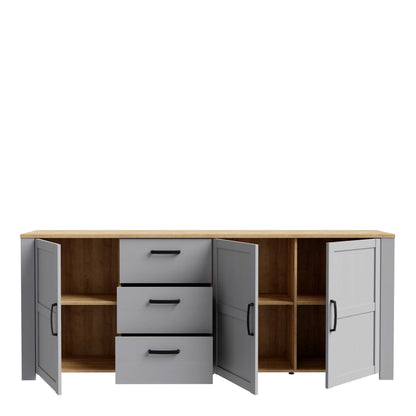 Bramblecroft Large Grey and Natural Oak Wood Sideboard 3 Door 3 Drawer