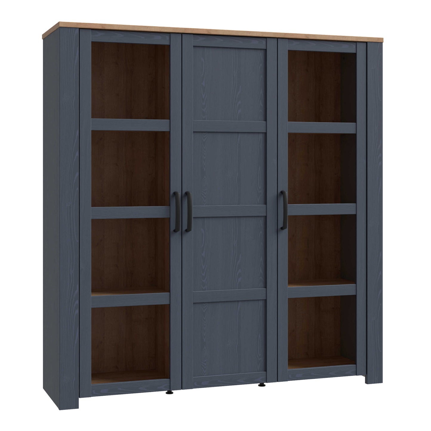 Bramblecroft Navy and Natural Oak Wood 3 Door Large Display Cabinet
