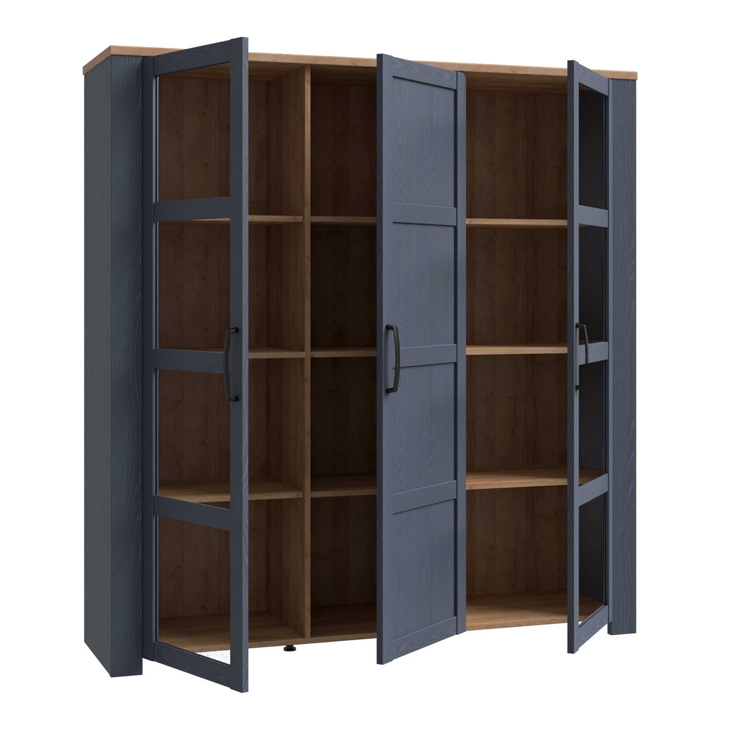 Bramblecroft Navy and Natural Oak Wood 3 Door Large Display Cabinet
