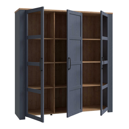 Bramblecroft Navy and Natural Oak Wood 3 Door Large Display Cabinet