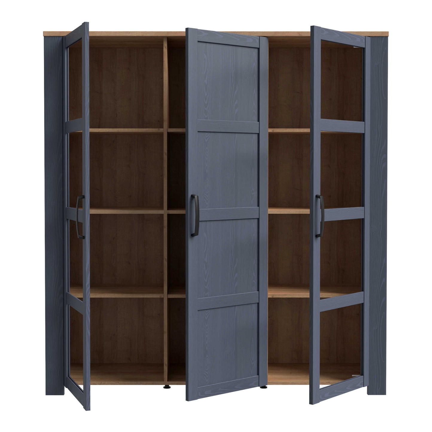 Bramblecroft Navy and Natural Oak Wood 3 Door Large Display Cabinet