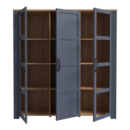 Bramblecroft Navy and Natural Oak Wood 3 Door Large Display Cabinet