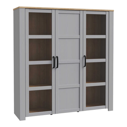 Bramblecroft Grey and Natural Oak Wood Large Display Cabinet 3 Door