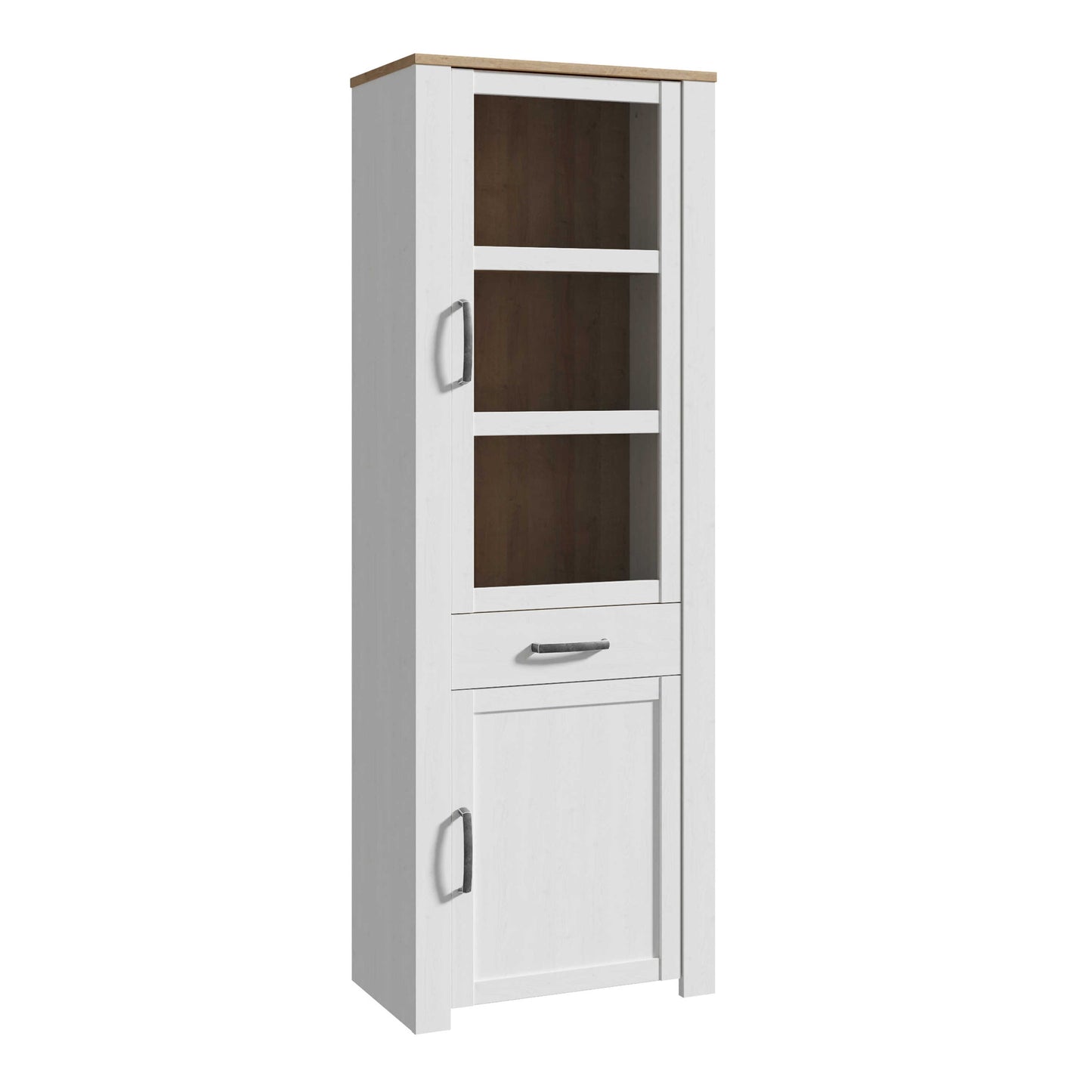 Bramblecroft White and Natural Oak Wood Narrow Display Cabinet 2 Doors 1 Drawer