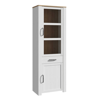 Bramblecroft White and Natural Oak Wood Narrow Display Cabinet 2 Doors 1 Drawer