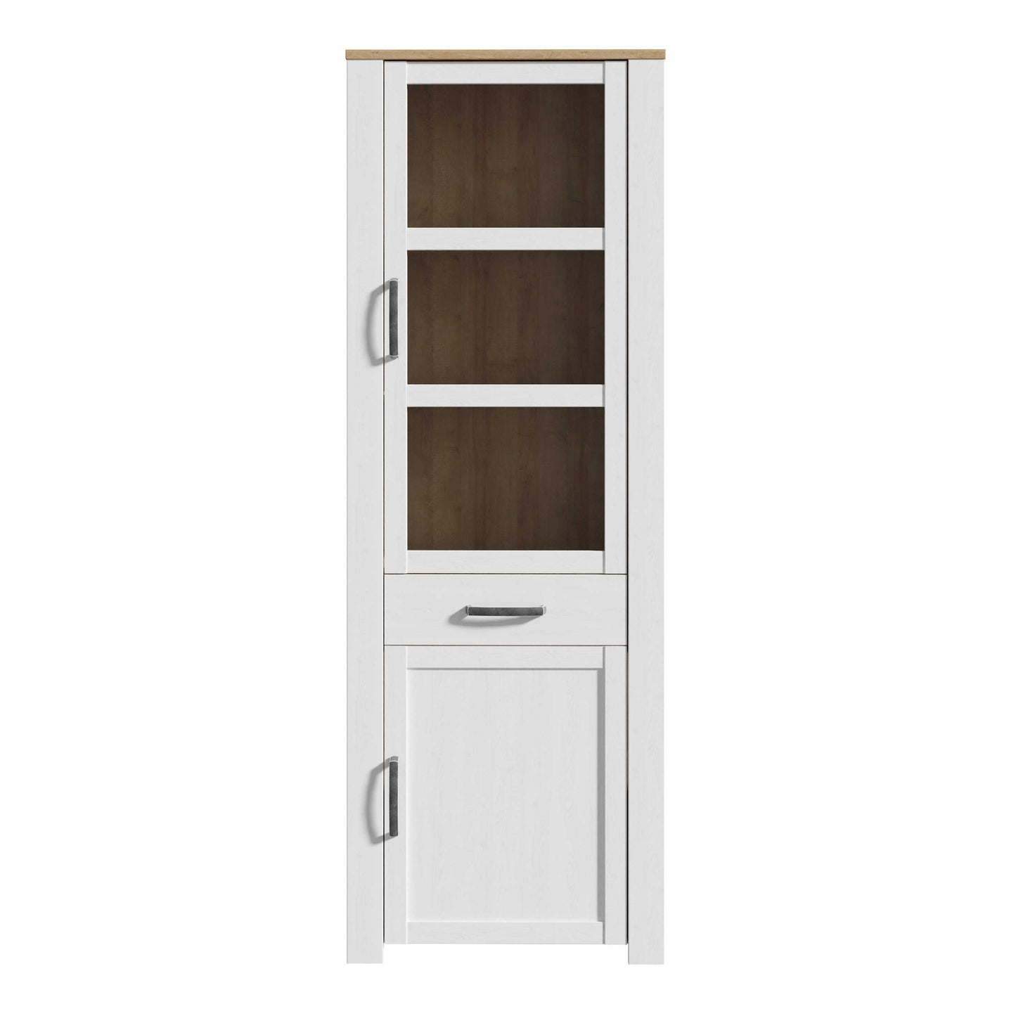 Bramblecroft White and Natural Oak Wood Narrow Display Cabinet 2 Doors 1 Drawer