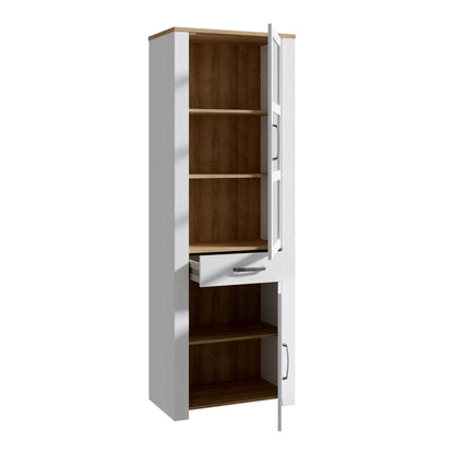 Bramblecroft White and Natural Oak Wood Narrow Display Cabinet 2 Doors 1 Drawer