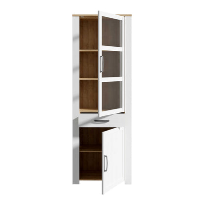 Bramblecroft White and Natural Oak Wood Narrow Display Cabinet 2 Doors 1 Drawer
