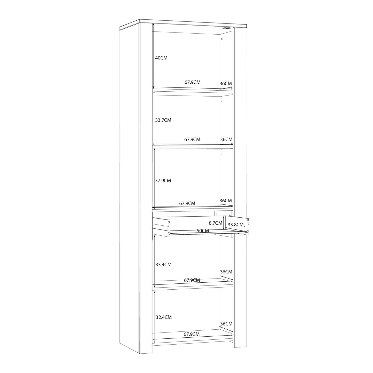 Bramblecroft White and Natural Oak Wood Narrow Display Cabinet 2 Doors 1 Drawer