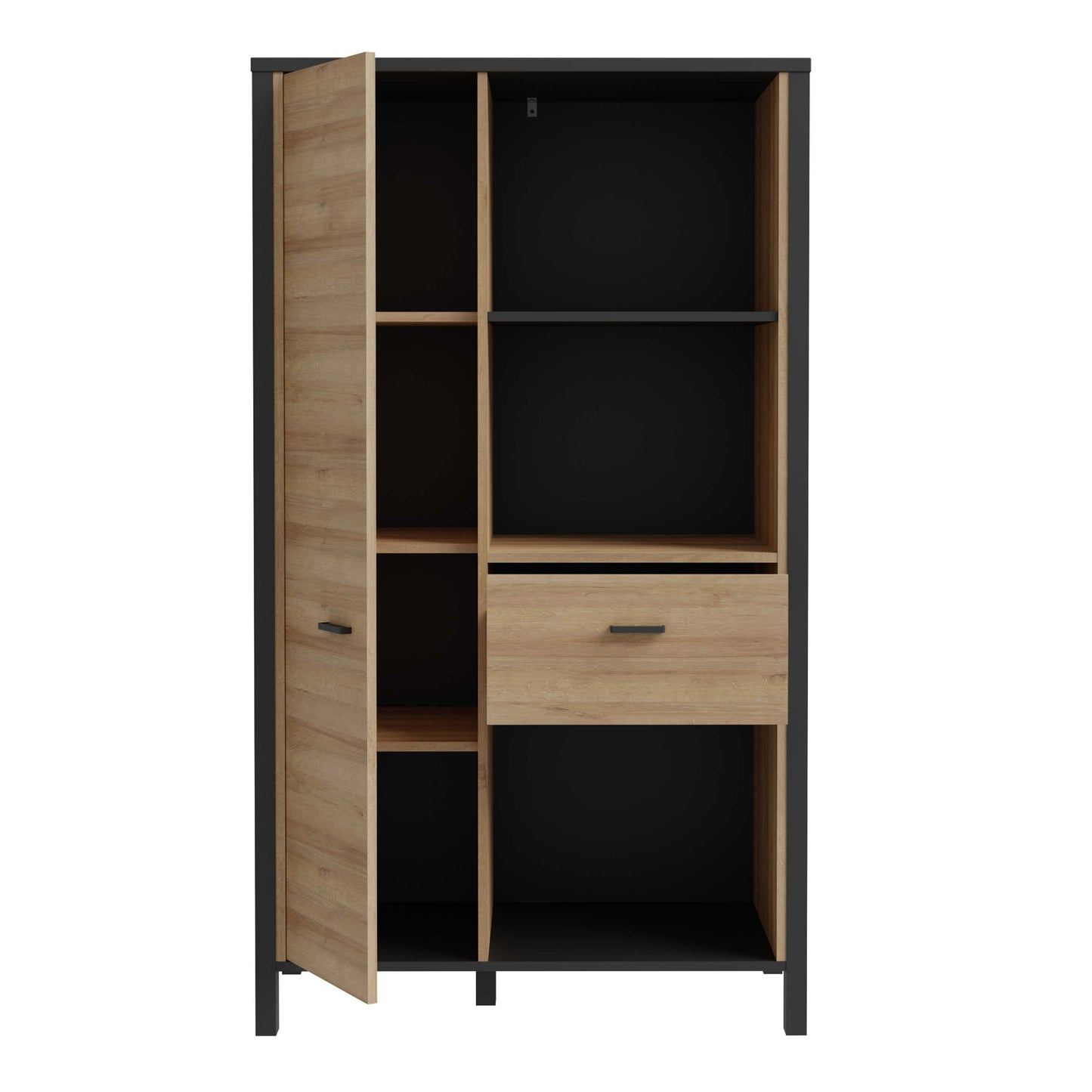 Egtved Black and Natural Oak Wood Effect Wide Shelving Unit 1 Drawer 1 Door
