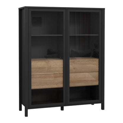 Egtved Black and Natural Oak Wood Effect Large Wide Display Cabinet 2 Doors 4 Drawers
