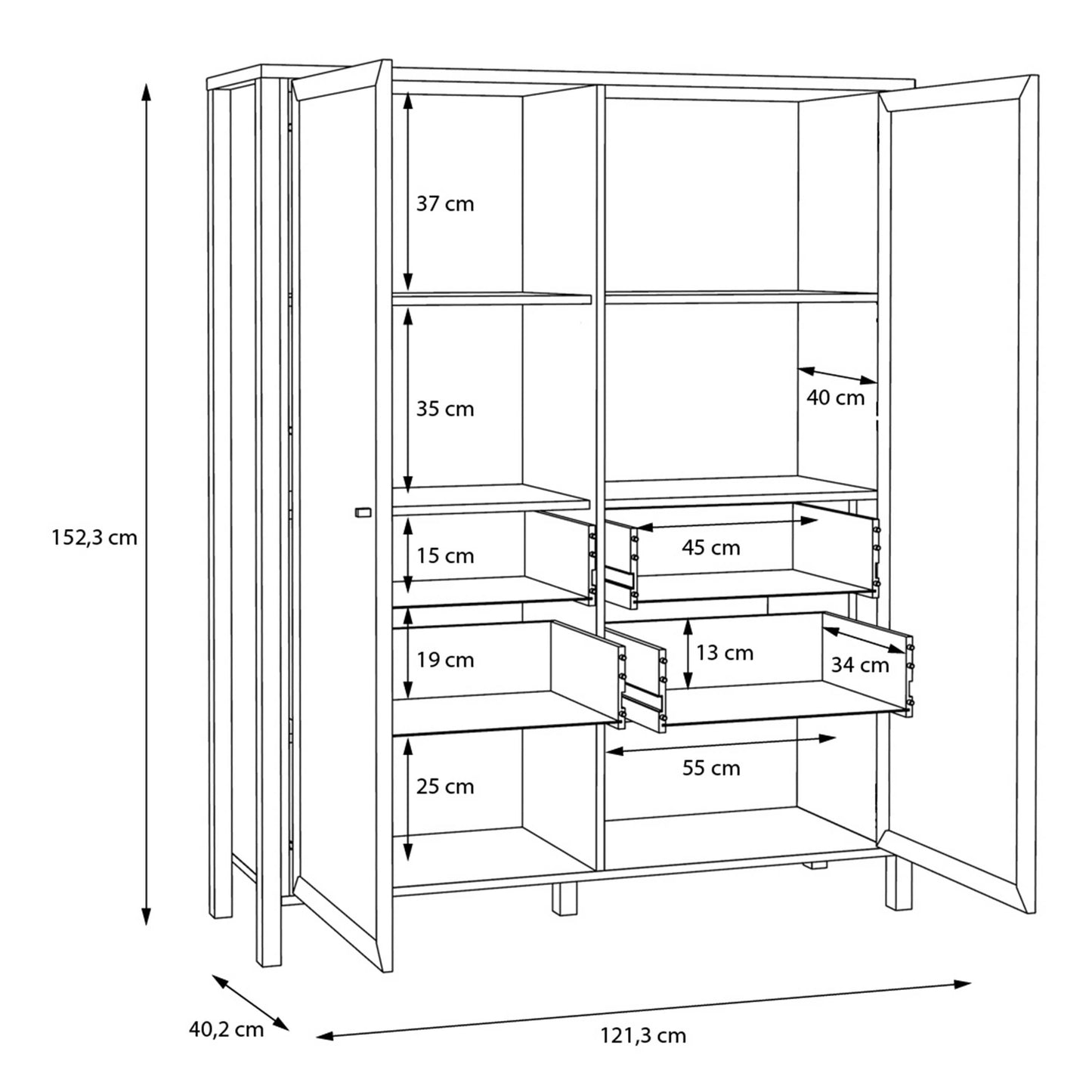 Egtved Black and Natural Oak Wood Effect Large Wide Display Cabinet 2 Doors 4 Drawers