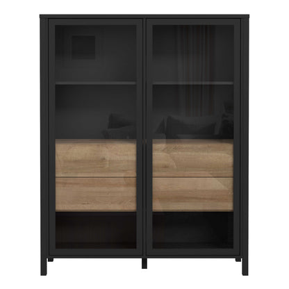 Egtved Black and Natural Oak Wood Effect Large Wide Display Cabinet 2 Doors 4 Drawers