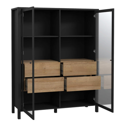 Egtved Black and Natural Oak Wood Effect Large Wide Display Cabinet 2 Doors 4 Drawers
