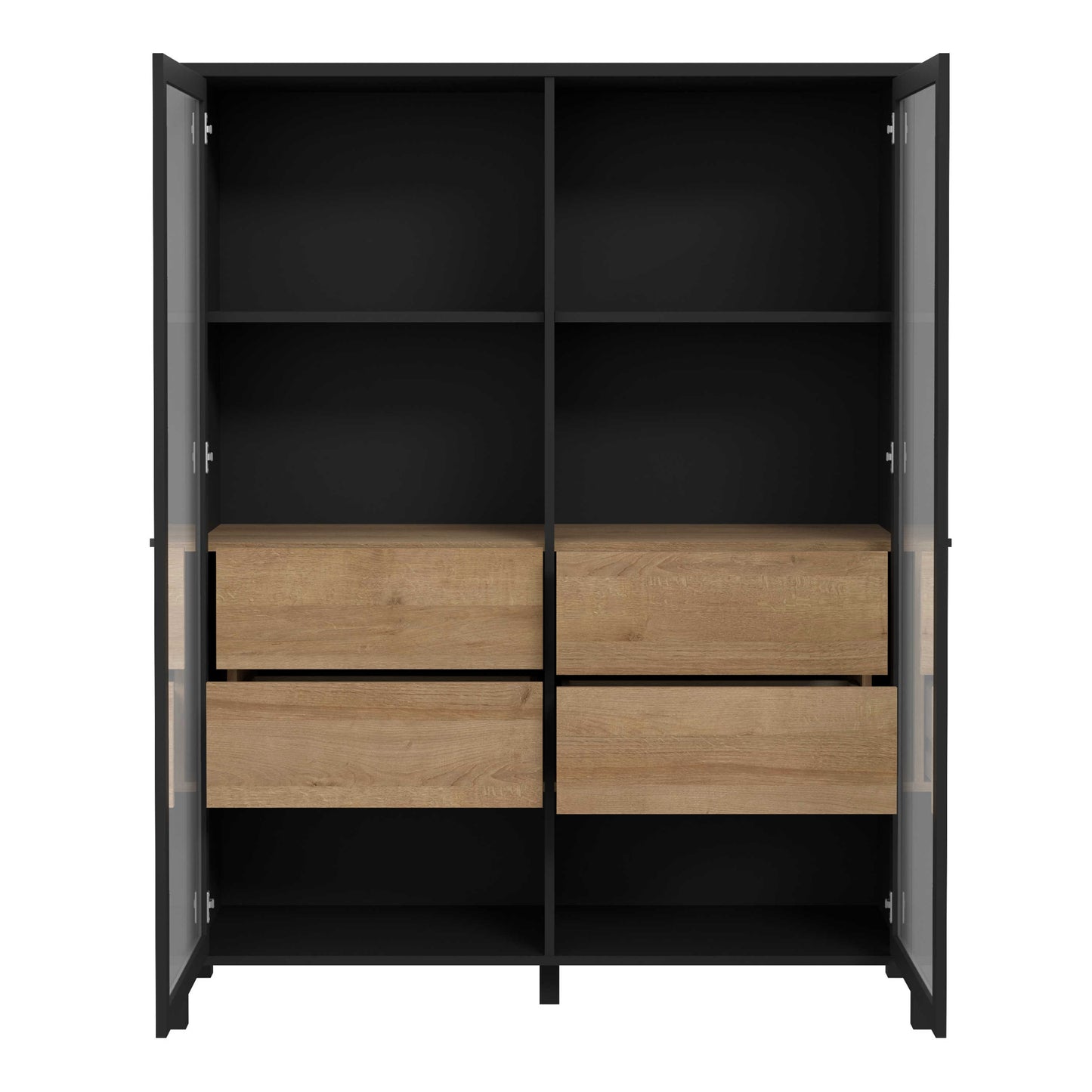 Egtved Black and Natural Oak Wood Effect Large Wide Display Cabinet 2 Doors 4 Drawers