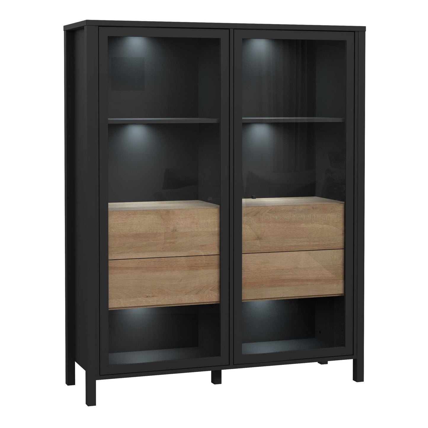 Egtved Black and Natural Oak Wood Effect Large Wide Display Cabinet 2 Doors 4 Drawers
