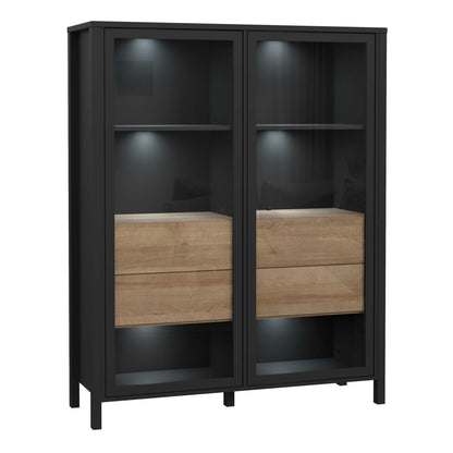 Egtved Black and Natural Oak Wood Effect Large Wide Display Cabinet 2 Doors 4 Drawers