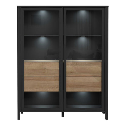 Egtved Black and Natural Oak Wood Effect Large Wide Display Cabinet 2 Doors 4 Drawers