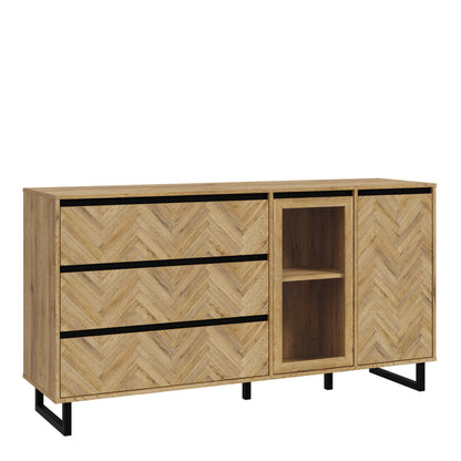 Hanover Natural Oak Effect Wood Sideboard 2 Doors 3 Drawers Chevron Design