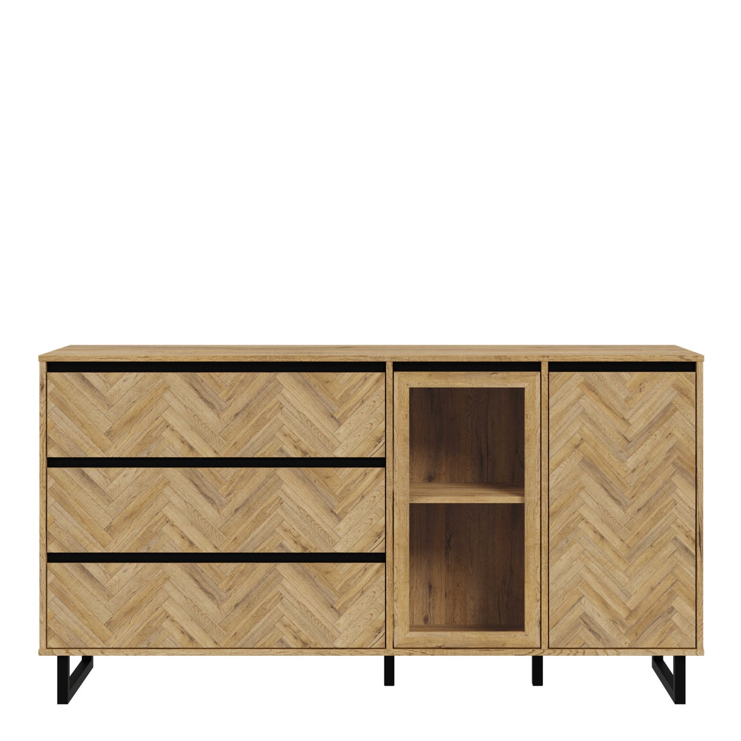 Hanover Natural Oak Effect Wood Sideboard 2 Doors 3 Drawers Chevron Design
