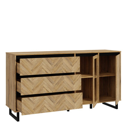 Hanover Natural Oak Effect Wood Sideboard 2 Doors 3 Drawers Chevron Design