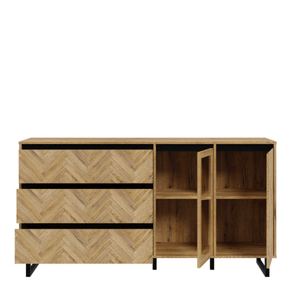 Hanover Natural Oak Effect Wood Sideboard 2 Doors 3 Drawers Chevron Design