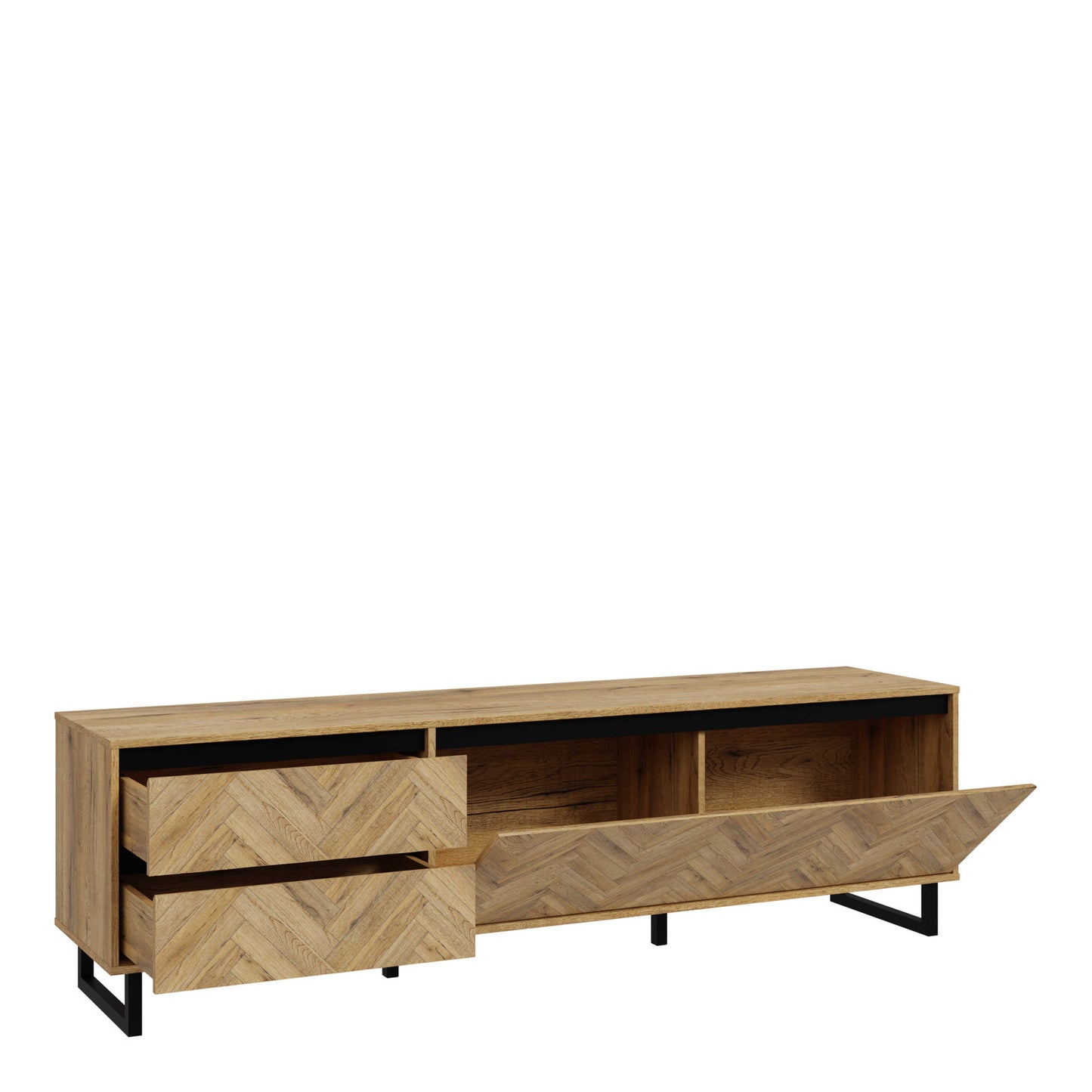 Hanover Natural Oak Effect Wood TV Unit 1 Door 2 Drawers Chevron Design