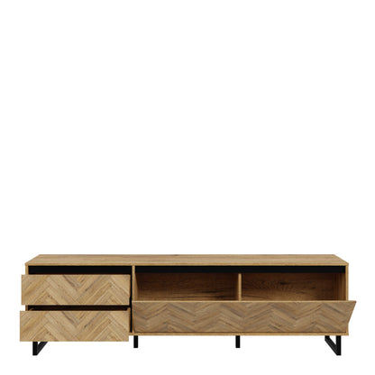 Hanover Natural Oak Effect Wood TV Unit 1 Door 2 Drawers Chevron Design