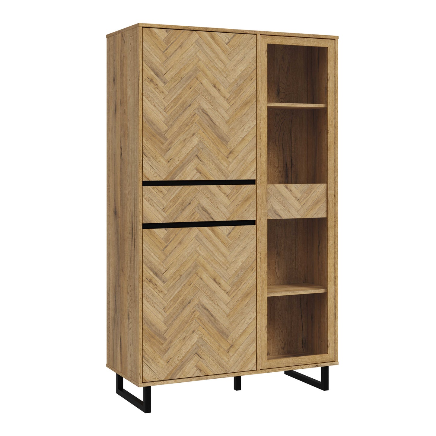 Hanover Natural Oak Effect Wood Cabinet 2 Doors 1 Drawer 8 Shelves Chevron Design