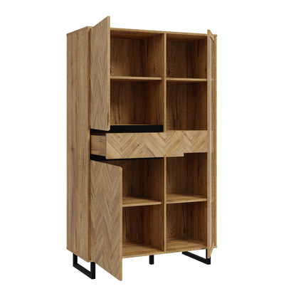 Hanover Natural Oak Effect Wood Cabinet 2 Doors 1 Drawer 8 Shelves Chevron Design