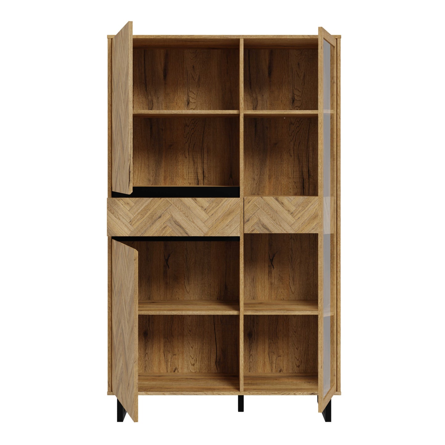 Hanover Natural Oak Effect Wood Cabinet 2 Doors 1 Drawer 8 Shelves Chevron Design
