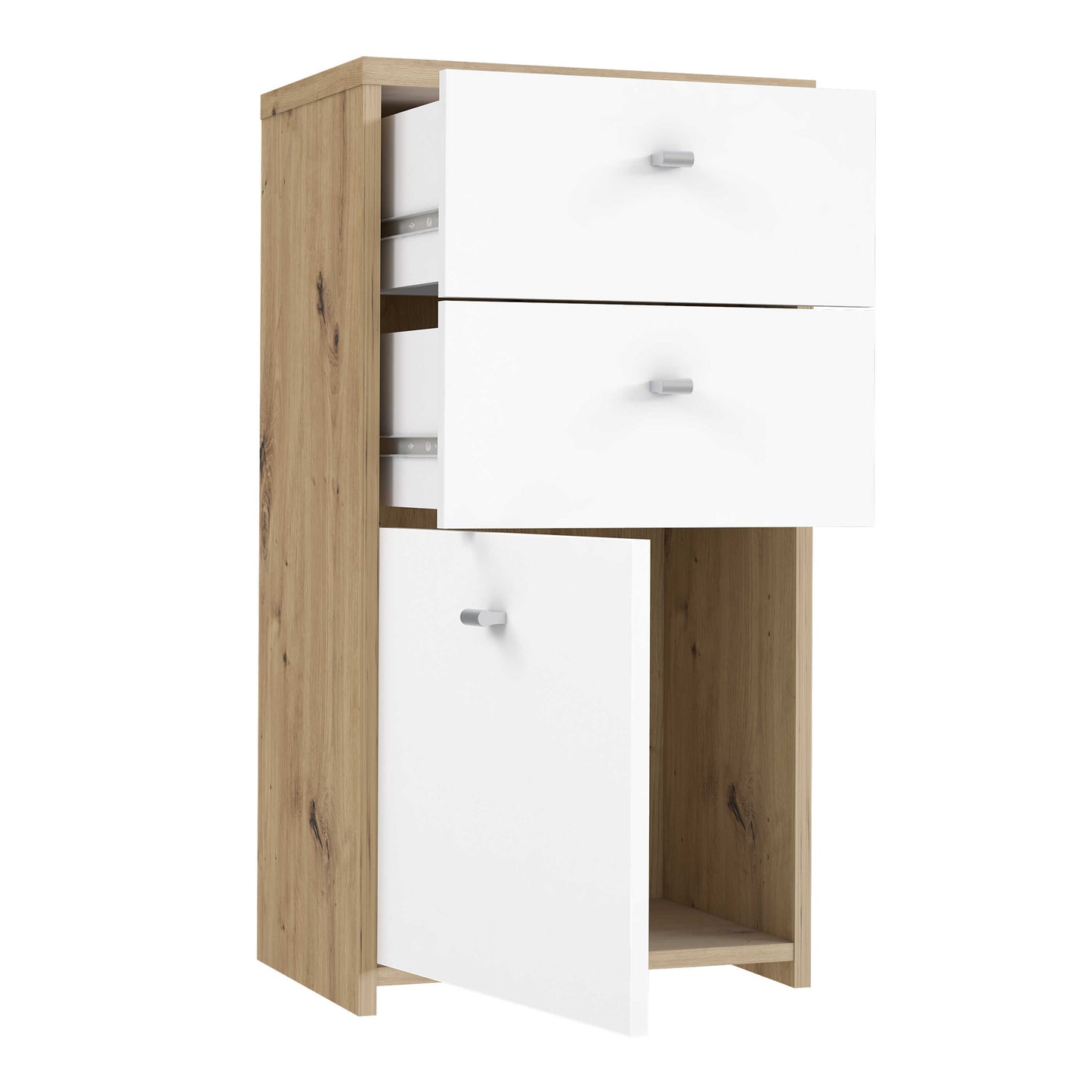 Willowmere White and Natural Artisan Wood Chest Storage Cabinet 2 Drawers 1 Door